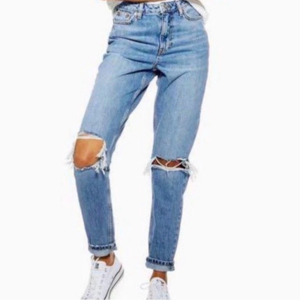 NEW Topshop Light Wash Blue Distressed High Waist Tapered Leg MOM Jeans 6Petite